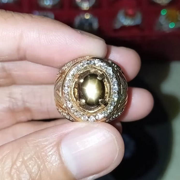 Cincin batu permata natural black sapphire + Memo GLI