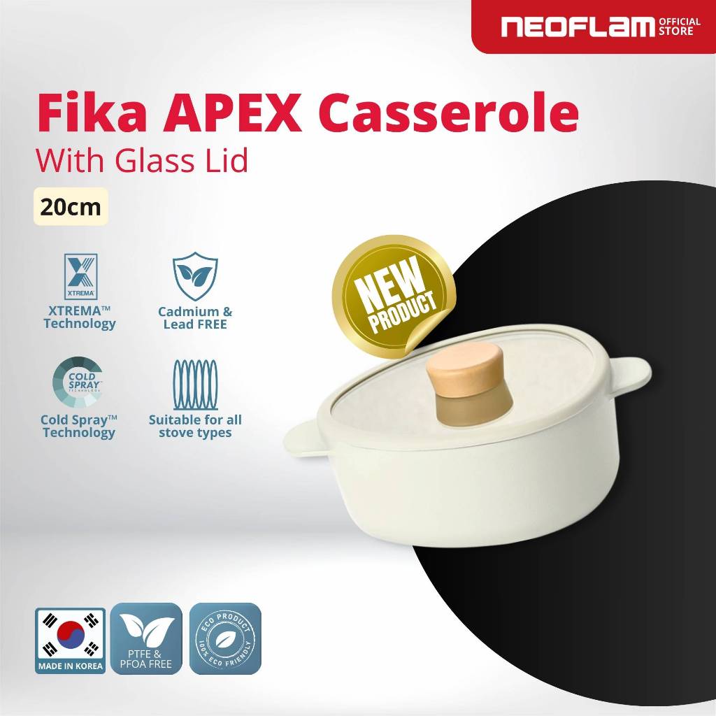 NEOFLAM FIKA APEX Casserole 20cm with Glass Lid Ivory- Panci Anti Lengket & Tahan Gores, Ceramic Coa