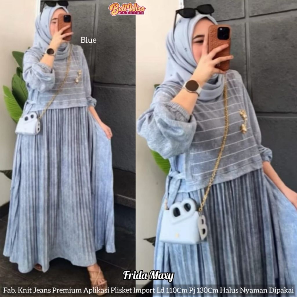 Frida Maxy By Bellwiss Gamis Terbaru Kekinian Bahan Knit Jeans Premium Aplikasi Plisket Import LD 11