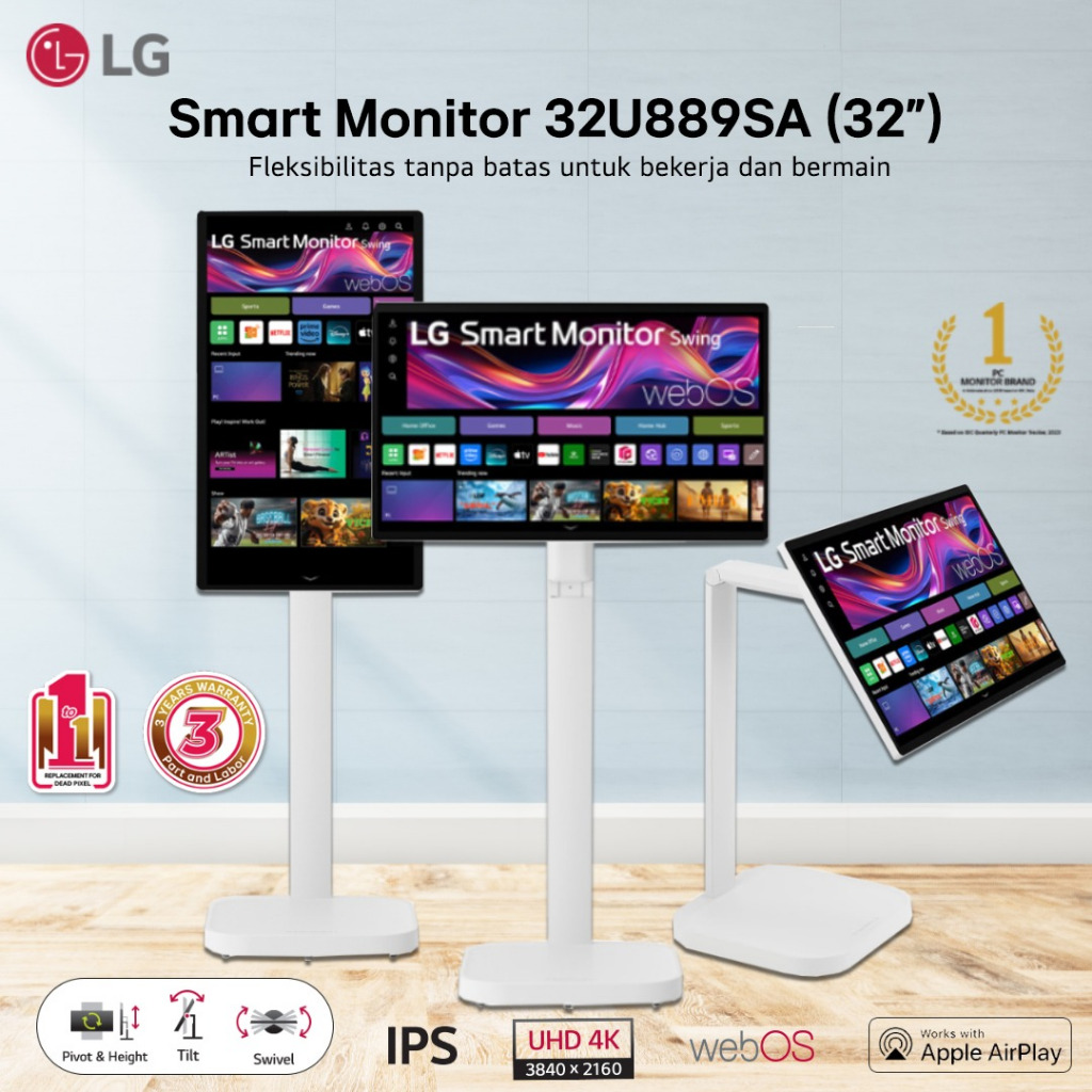 Monitor LG  32U889SA-W 31.5-inch 4K UHD IPS Smart Monitor Swing with Touchscreen, Rolling Stand
