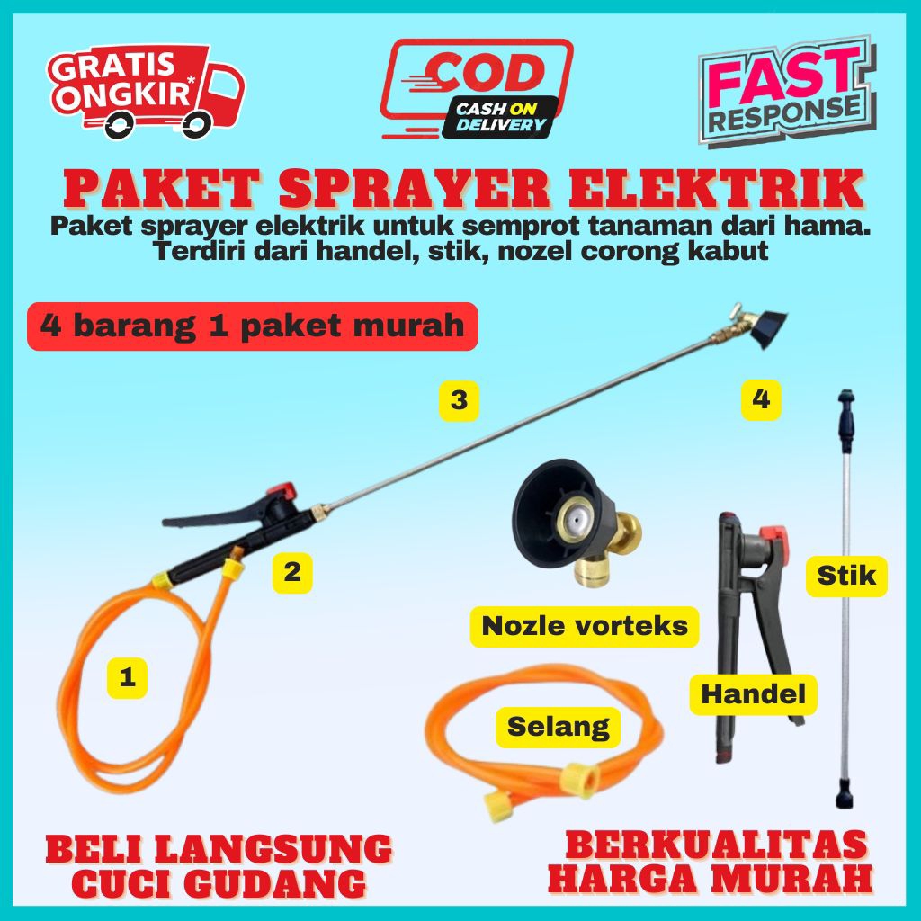 PAKET KOMPLIT SPRAYER ELEKTRIK Stik+Handle+Selang+Sprayer Nozzle Corong Kabut Semprot Pertanian VITR