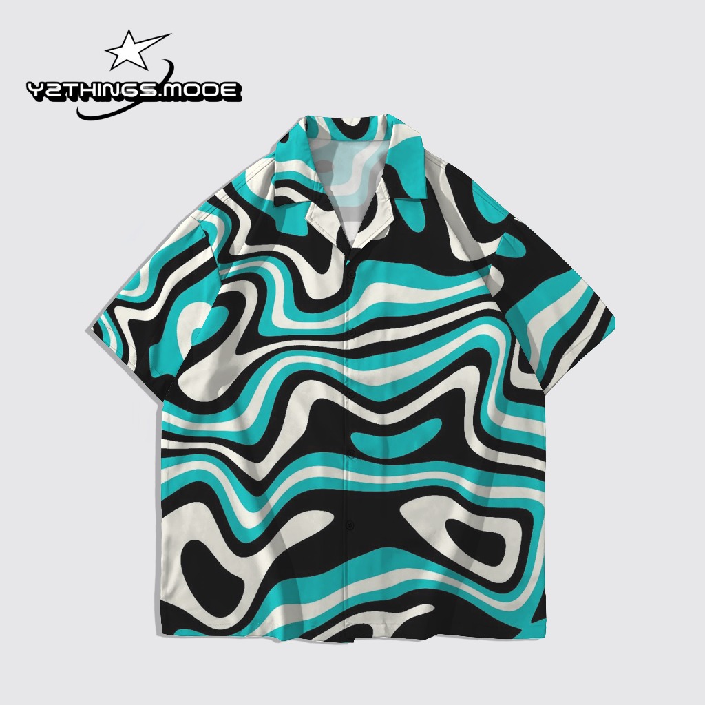 Y2THINGS Kemeja Lengan Pendek Motif Abstrak Wavy Biru Hitam – Shirt Aesthetic Psychedelic Kekinian U