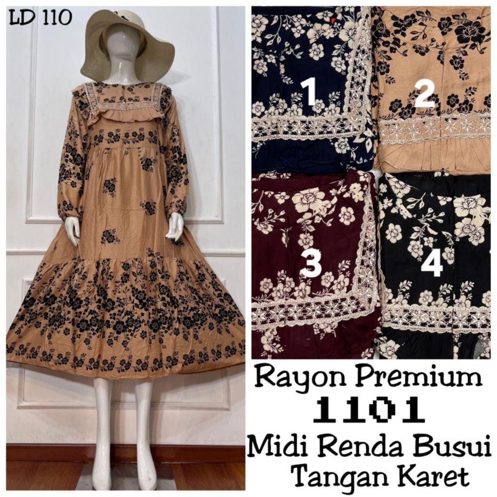 Midi dress Busui Merek  Gozo bahan Rayon Premium karet tangan