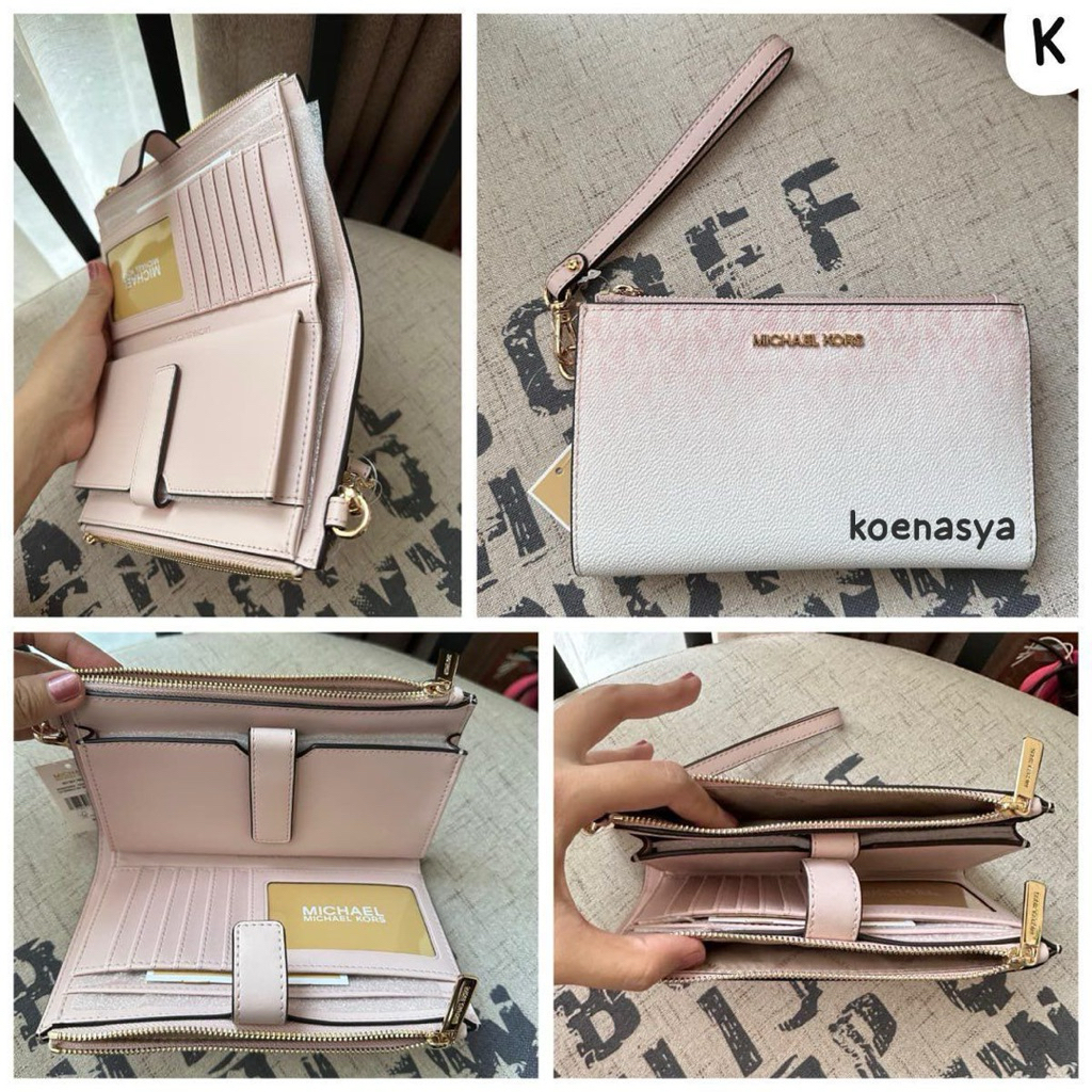 dompet wanita lipat besar original mk jet set travel large double zip wallet wrislet pouch powder bl