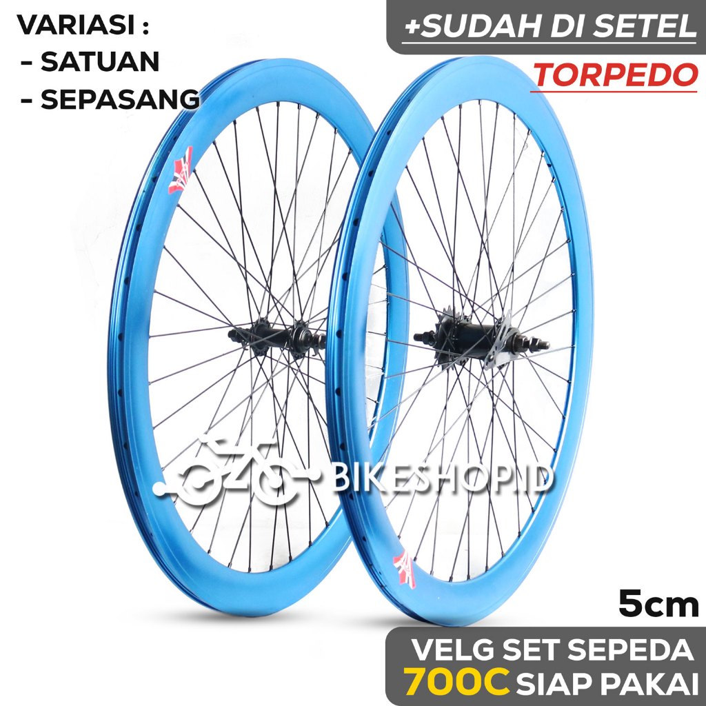 Velg Set Sepeda 700C 5CM BIRU BELAKANG TORPEDO / DEPAN Alloy Rims Roda Siap Jadi Fixie Balap Road Bi