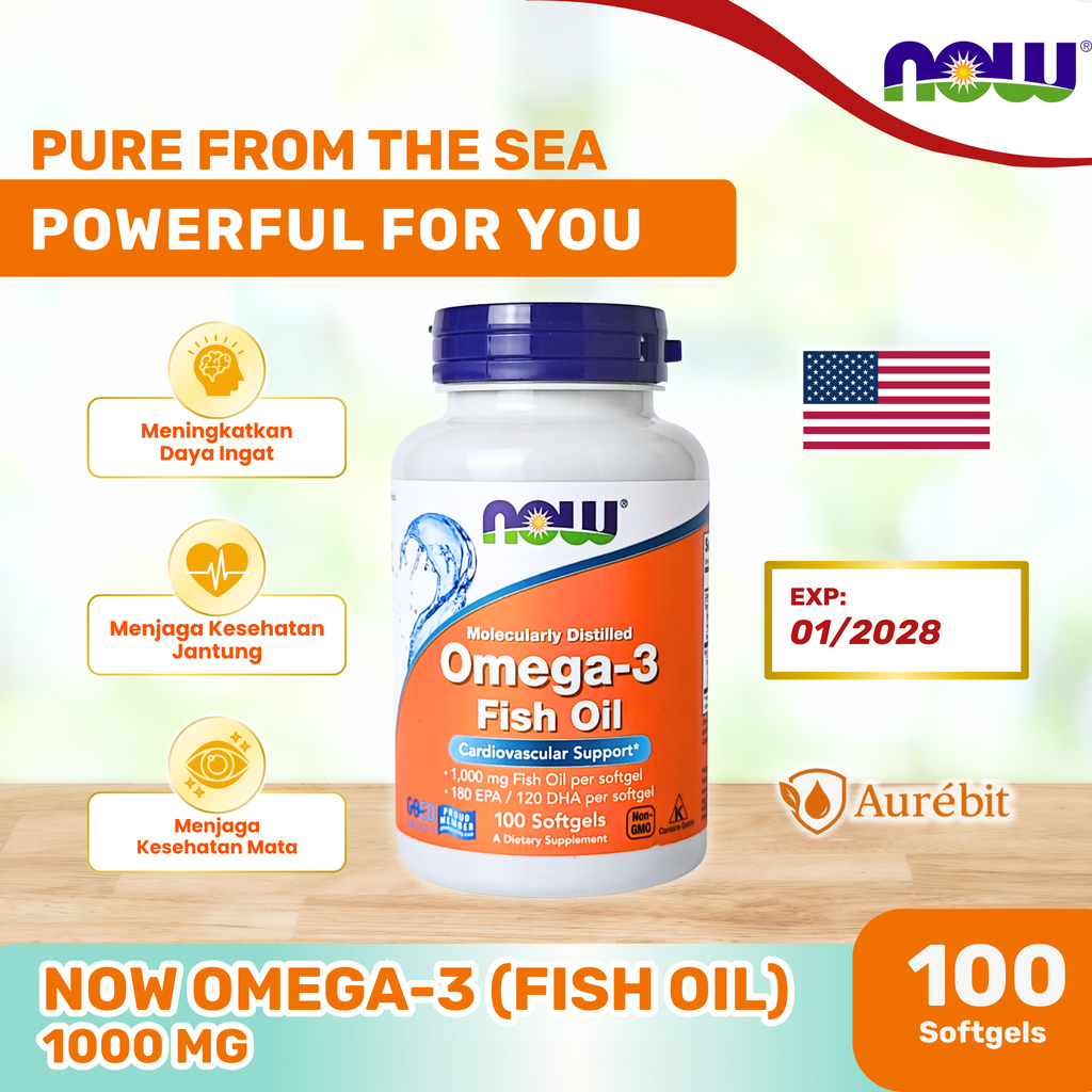 NOW OMEGA-3 (FISH OIL) 1000 MG 100 Softgels - Original USA - Halal - Otak, Jantung, Mata