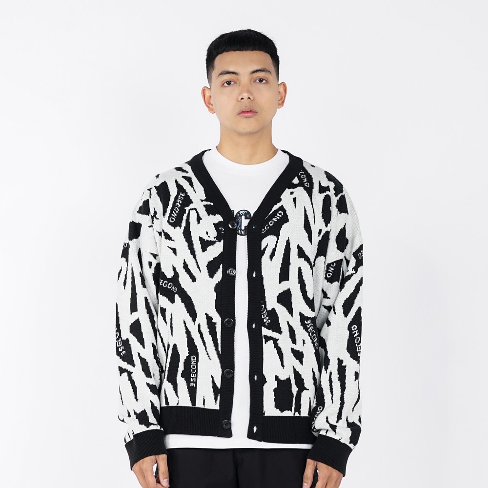 3Second Cardigan Pria Jaket Cardigan Pria Bahan Akrilik Regular Fit - Hitam Putih Pria Regular Fit A