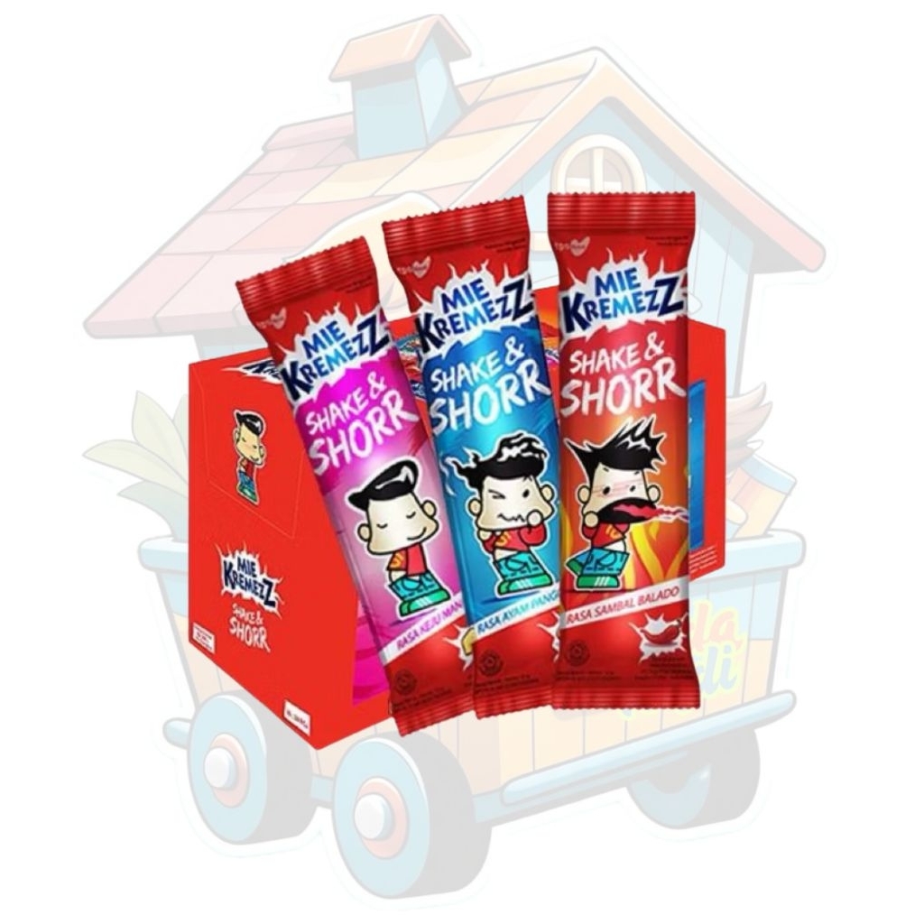 

Jajanan Mie Kremezz Shake and Shorr rasa Ayam Panggang/Keju Manis/Sambal Balado per box isi 20