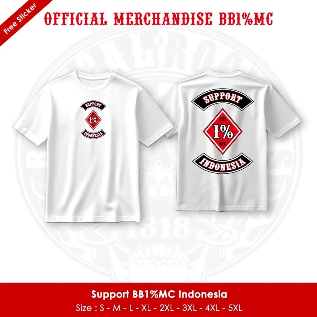 Tshirt kaos baju Bikers brotherhood support Indonesia 1% cutton on 24s sangat adem nyaman