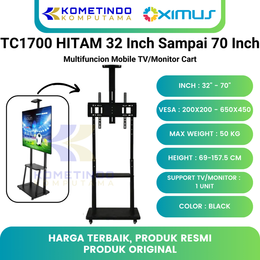 TC1700 Black OXIMUS 32"-70" BRACKET TV LED LCD MONITOR Standing Roda Heavy-Duty TV Cart Aluminium