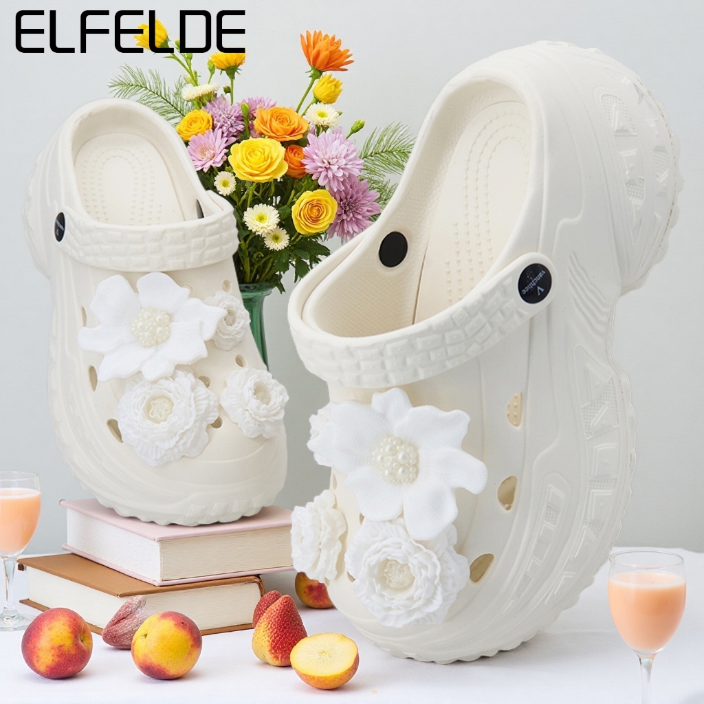 ELFELDE Sandal Kodok Wanita Korea Bunga Sepatu Sandal Wanita Wedges Sandal Jelly Baim Wanita
