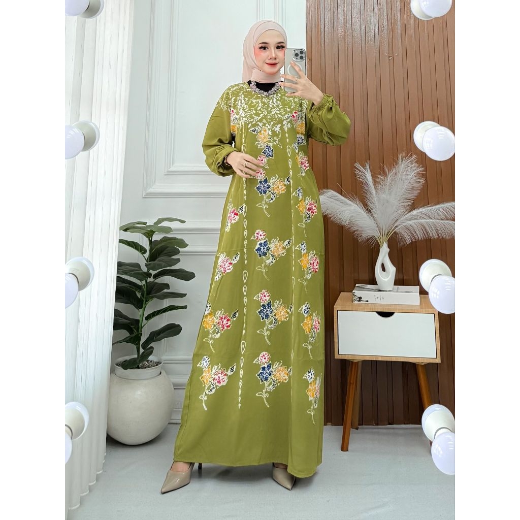 Gamis Batik Encim Adem Nyaman Panjang Muslimah-Hijau rantai