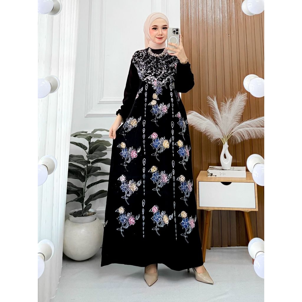 Gamis Batik Encim Adem Nyaman Panjang Muslimah-Hitam rantai