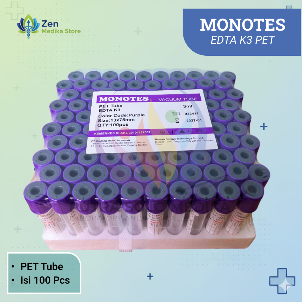 TABUNG VACUM TUBE K3 EDTA 3 ML PET/PLASTIK | MONOTES (100'S/BOX)