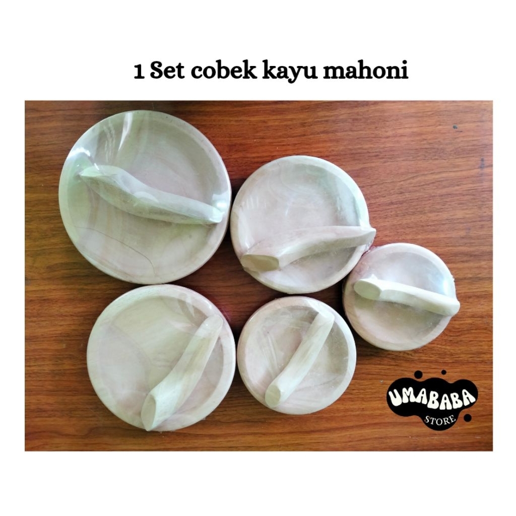 SATU SET COBEK & ULEKAN KAYU MAHONI MINI, KECIL, SEDANG, BESAR, JUMBO