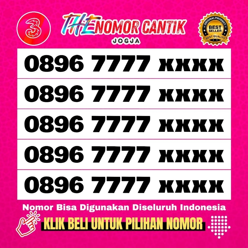 Kartu Perdana Cantik Tri 3 4G/5G/LTE Three Seri 7777/9999 Nasional New 2026 (T-E002)