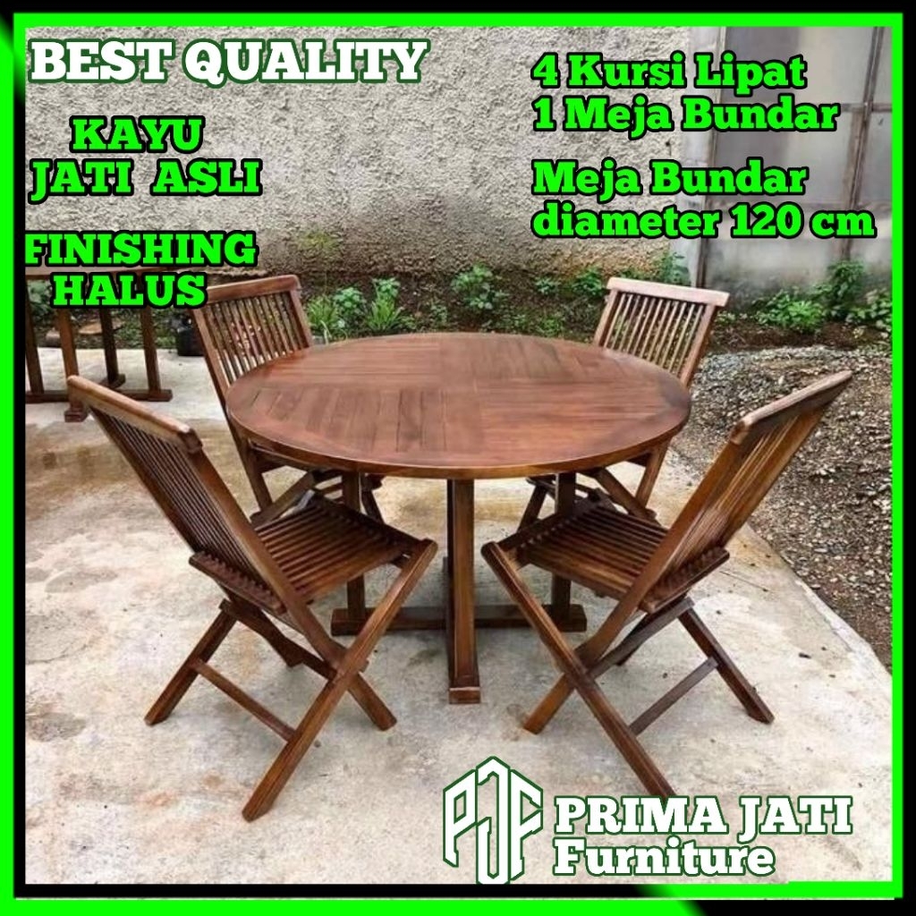 Meja Makan Cafe Minimalis Model Bulat Diameter 120cm Asli Kayu Jati