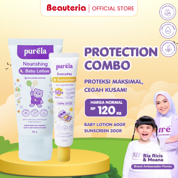Purela Physical Sunscreen SPF 50+ PA++++ & Nourishing Baby Lotion Untuk Mencerahkan Kulit Anak