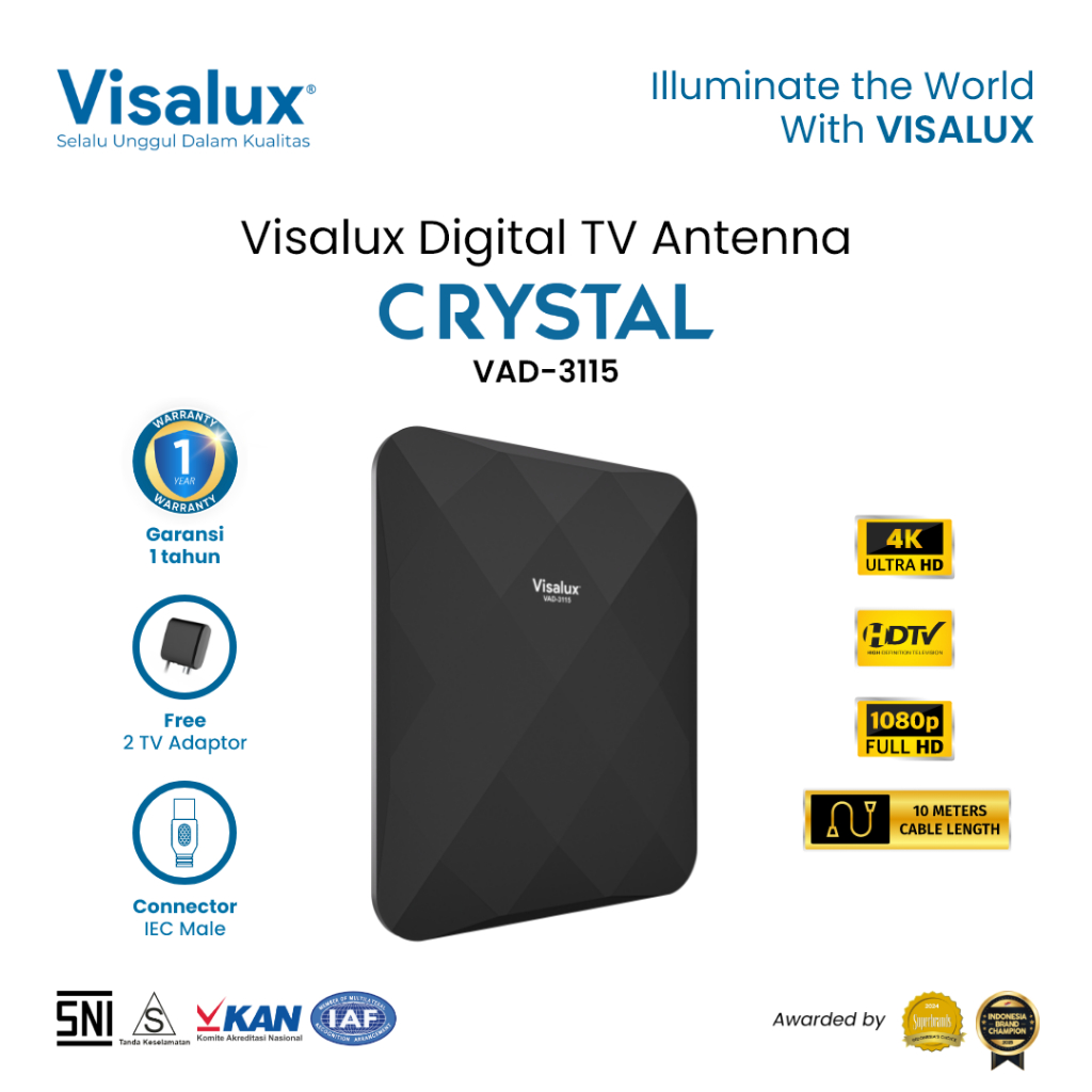 Visalux Crystal Digital TV Antenna Indoor Outdoor - Antena Digital Luar Dalam Ruangan dengan Kabel 1