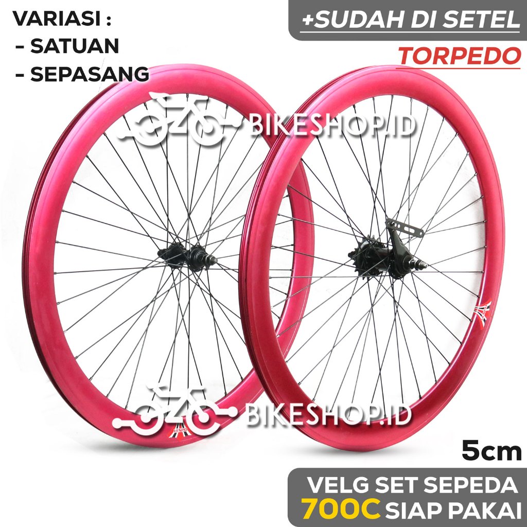 Velg Set Sepeda 700C 5CM MERAH MAGENTA BELAKANG TORPEDO / DEPAN Alloy Rims Roda Siap Jadi Fixie Bala