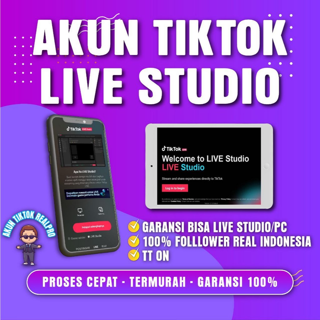 LIVE STUDIO Akun TikTok Termurah 1k-20k Followers Real Indo hasil konten fyp Garansi anti Hacback