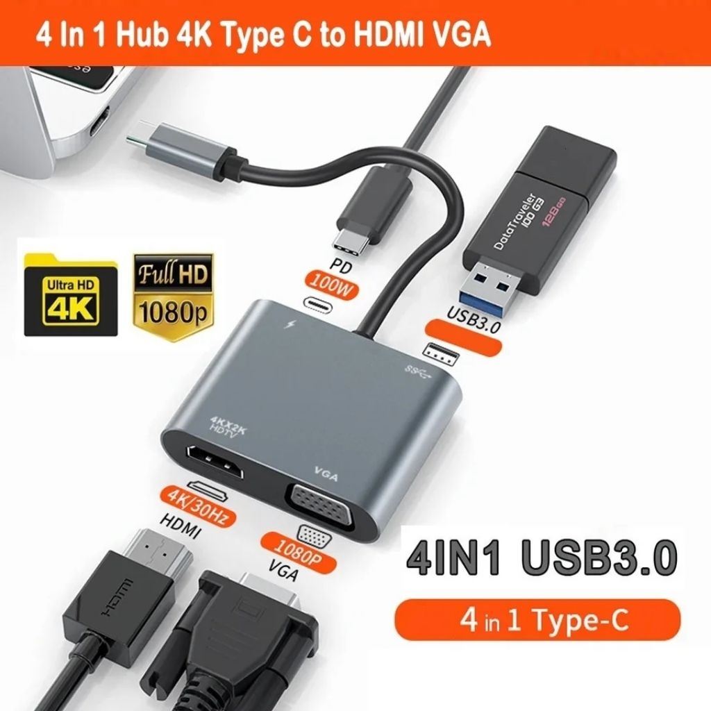 TYPE C HUB 4 IN 1 Display Adapter HDMI + VGA + USB 3.0 + USB-C  Power  Delivery Hub adapter