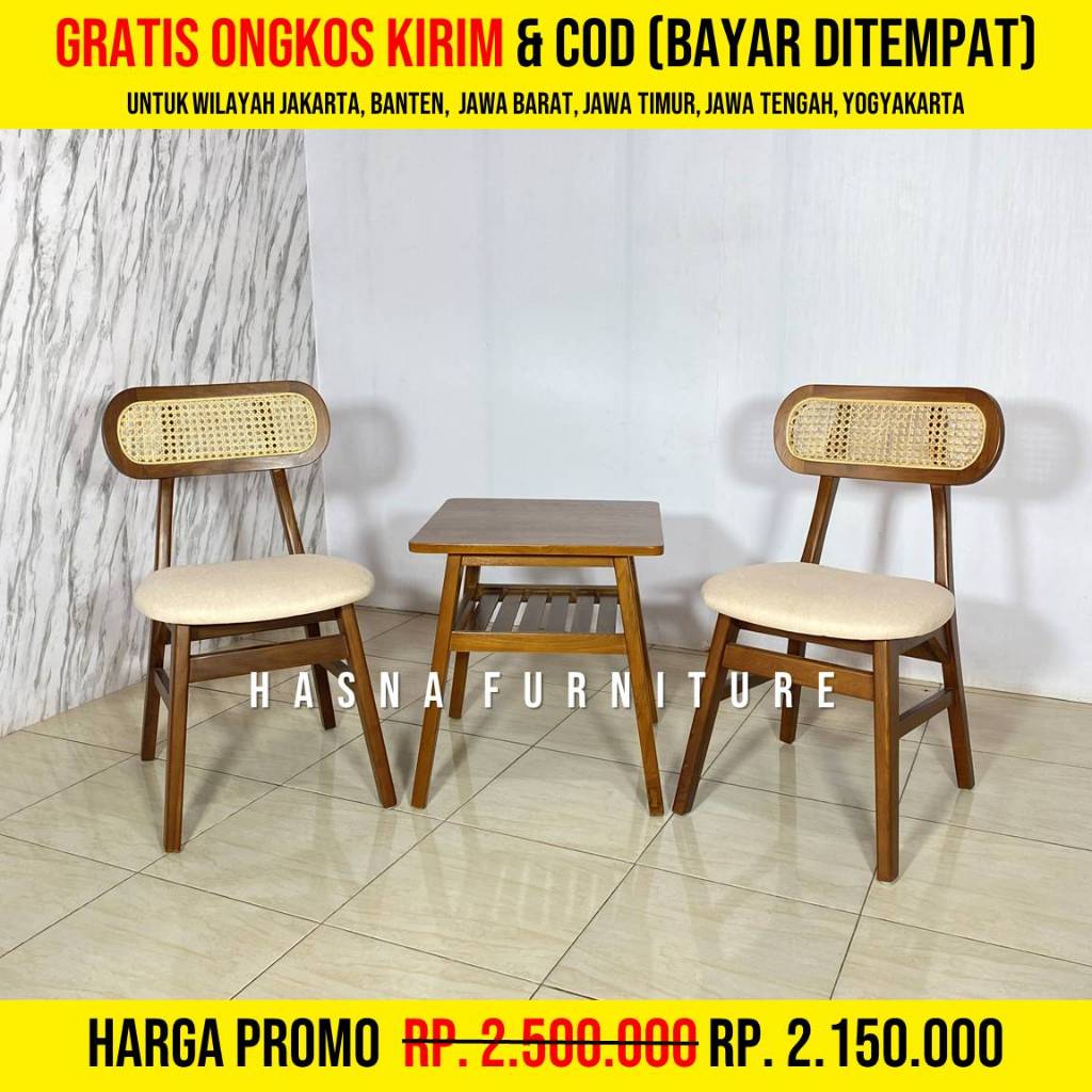 Set Kursi Teras Jati Finishing Natural + Meja Kotak Minimalis, Kursi Cafe Ropan Rotan Kayu Jati Jepa