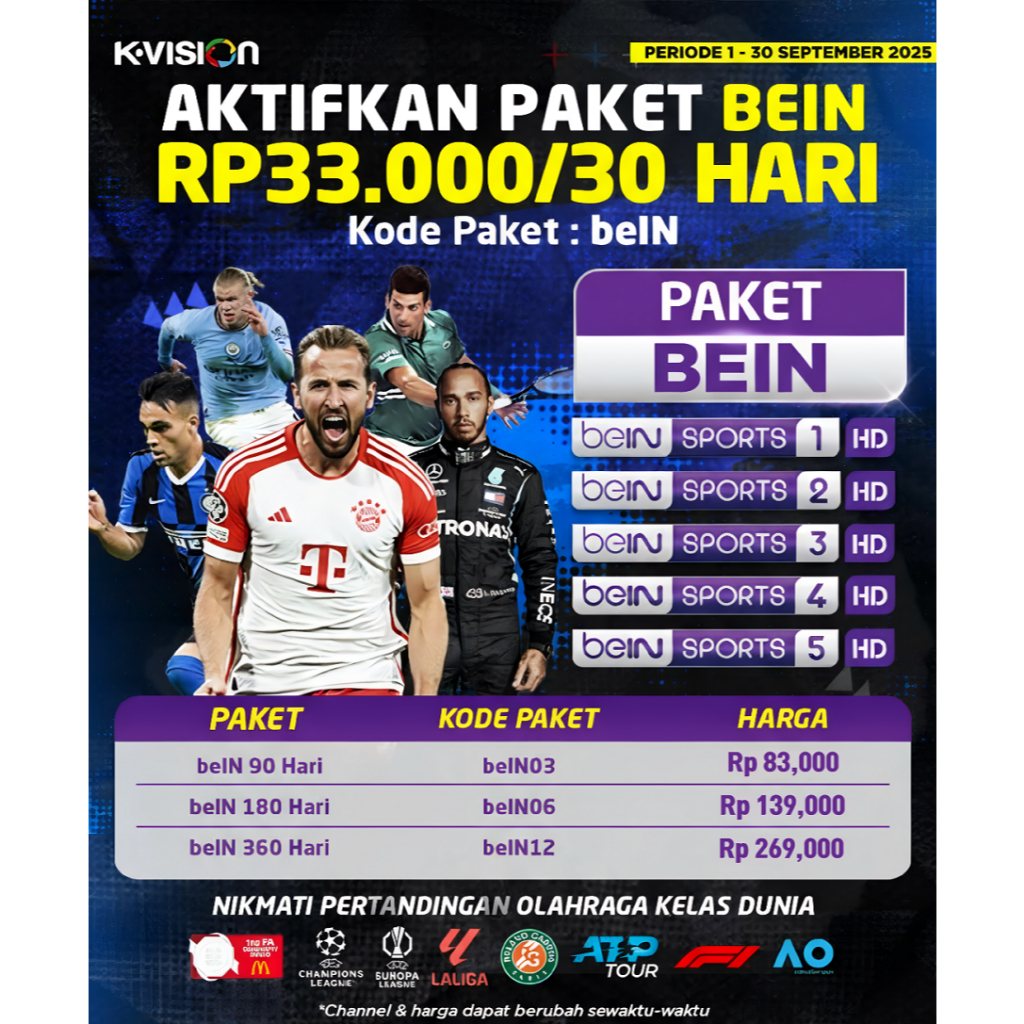 Receiver Perangkat Kvision Paket BEIN Channel Bein Sports 1 HD | Bein sports 2 HD | Bein Sports 3 HD