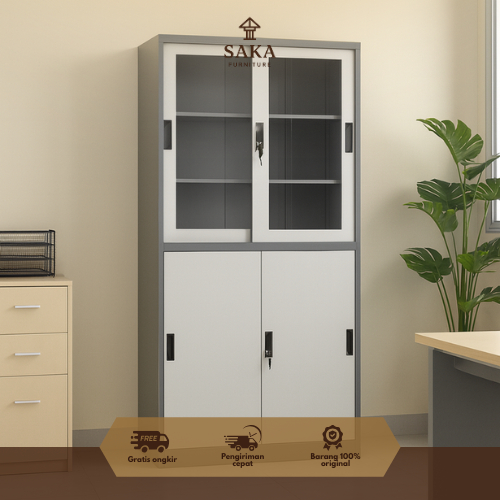 SAKA | Lemari Dokumen Kabinet Sliding Kaca / 2 Pintu Kombinasi Ayun Geser