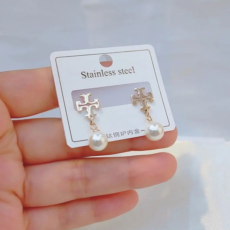 Anting Giwang Model Tusuk Mutiara Putih Rosegold Titanium Import