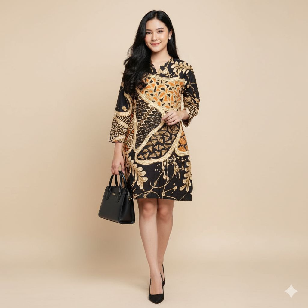 Tunik Batik Modern Wanita Katun Prima Lengan Panjang Resleting Belakang – Seragam Kantor, Pesta, Aca