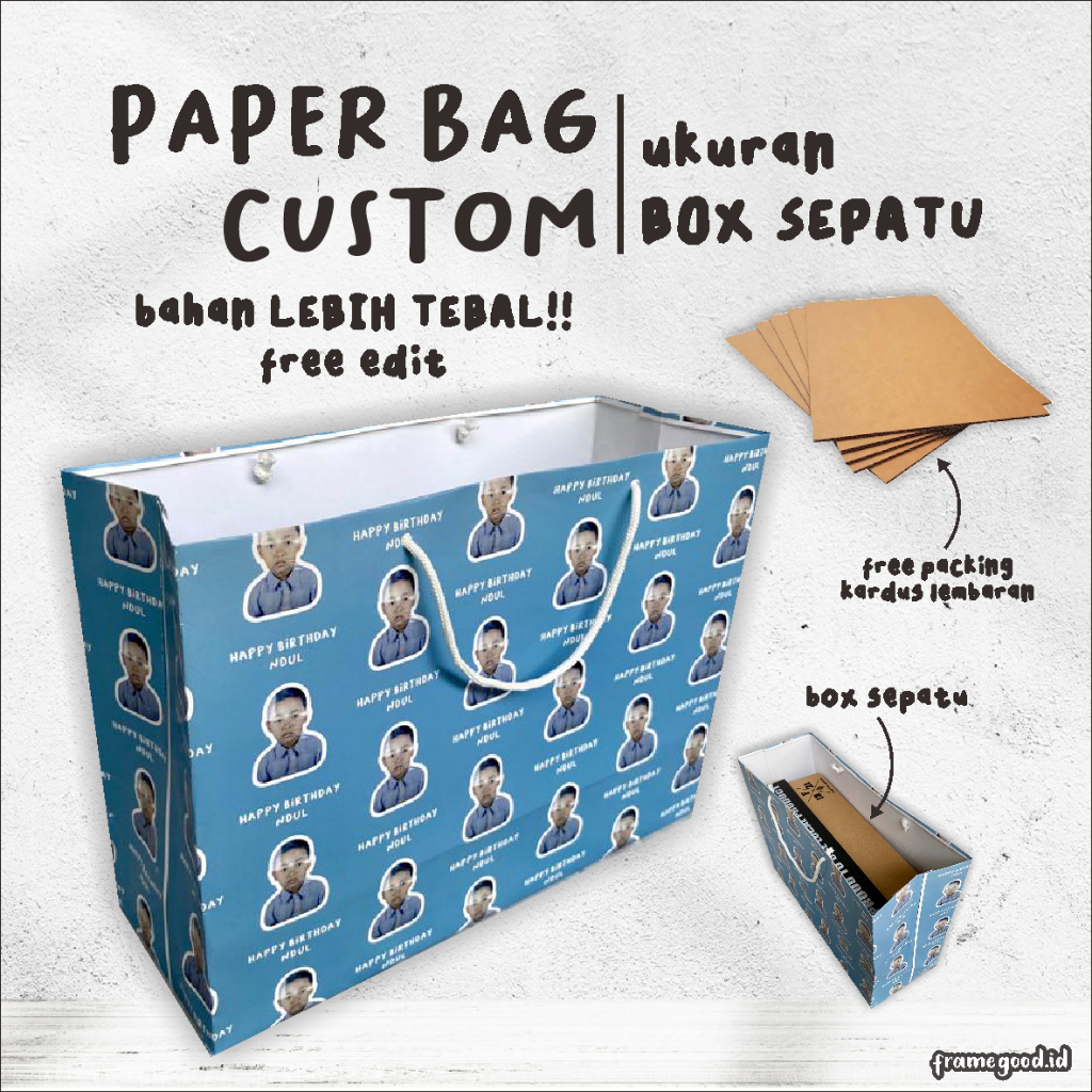 PAPERBAG CUSTOM FOTO uk BOX SEPATU / kertas tebal / totebag tote bag paper bag muka wajah teman free