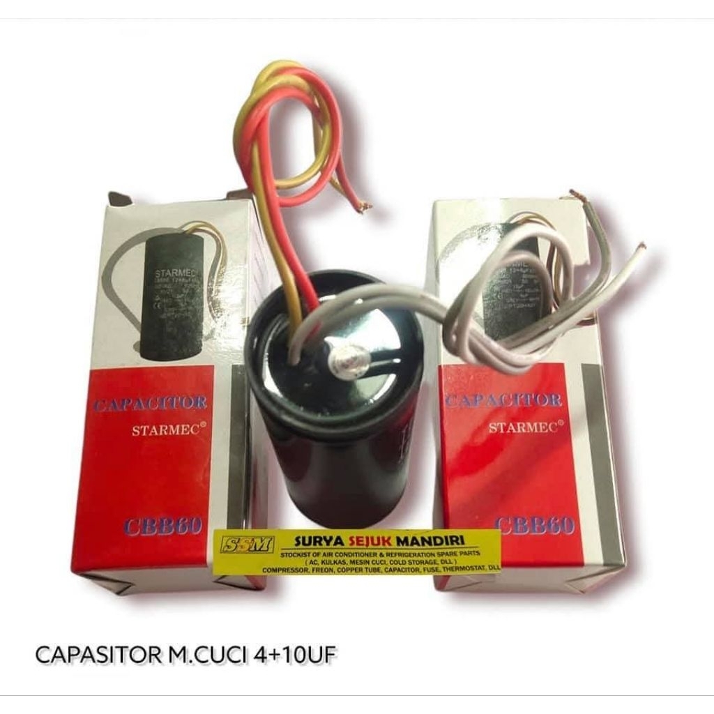 Kapasitor Mesin Cuci 4 + 10 Uf Merk Starmec Capasitor 4 + 10 Uf