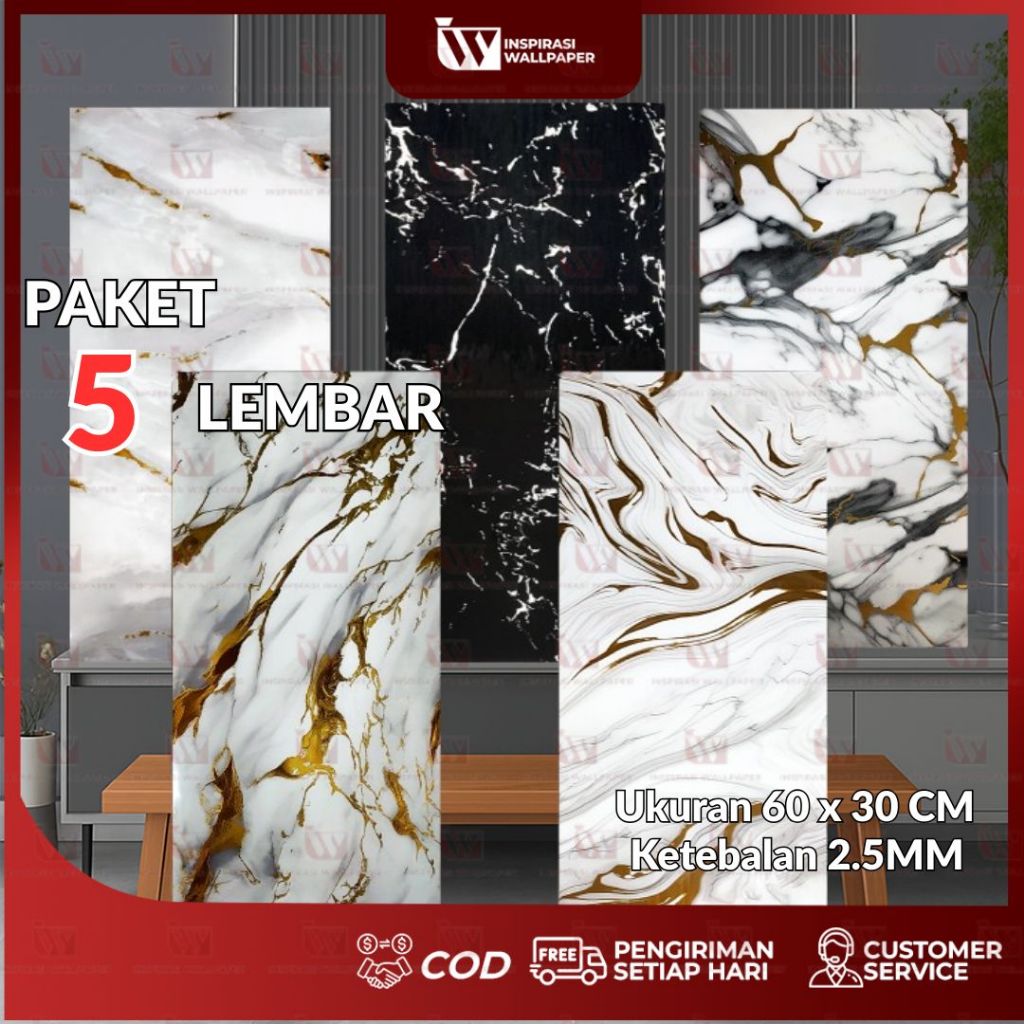 PAKET 5 LEMBAR 30x60 cm Wallpaper Dinding Vinyl Marmer Granit Keramik 3D Tebal 3MM - Paket Wallpaper