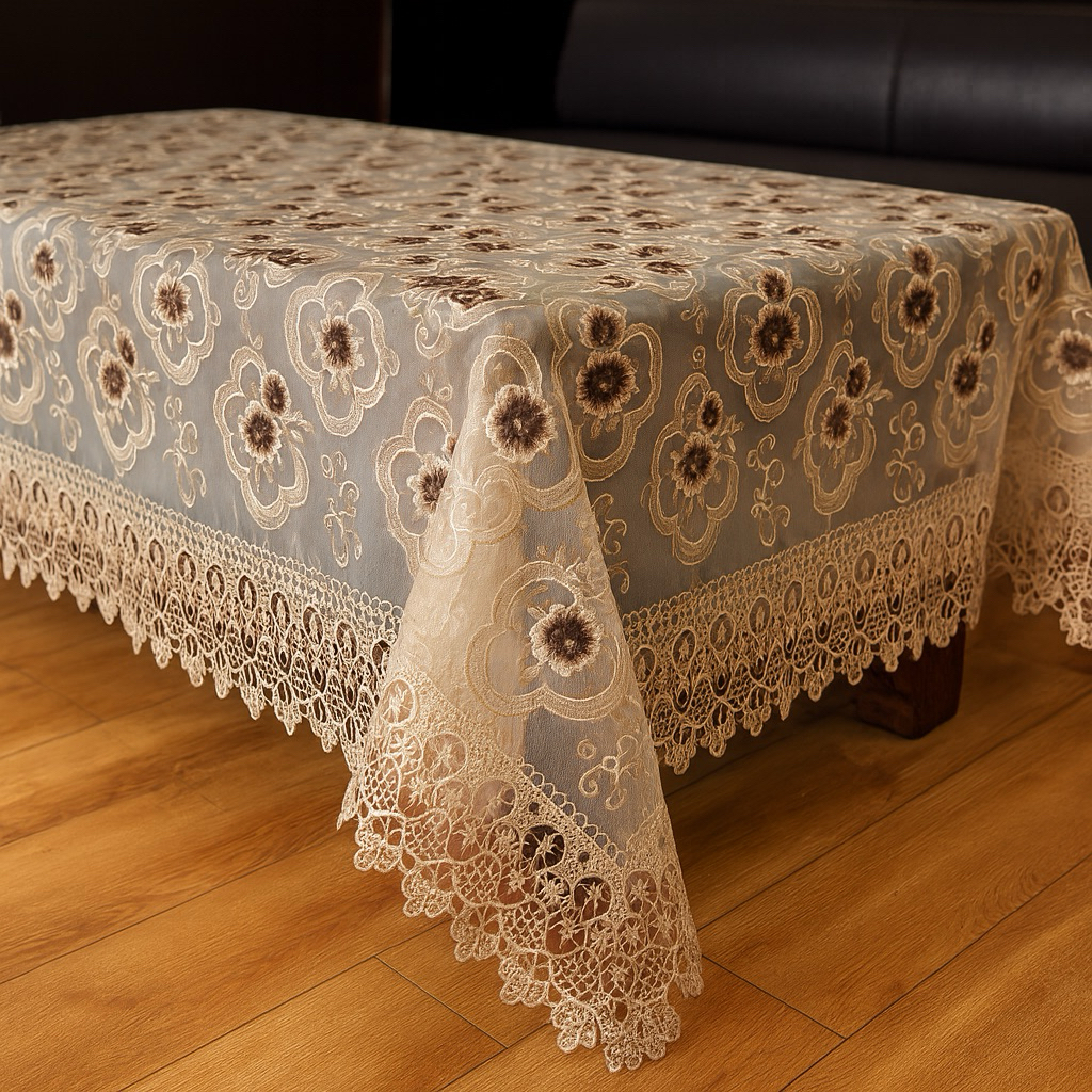 Taplak Meja Makan Renda Bordir | Taplak Meja Kain Segi Premium 6-8 Kursi