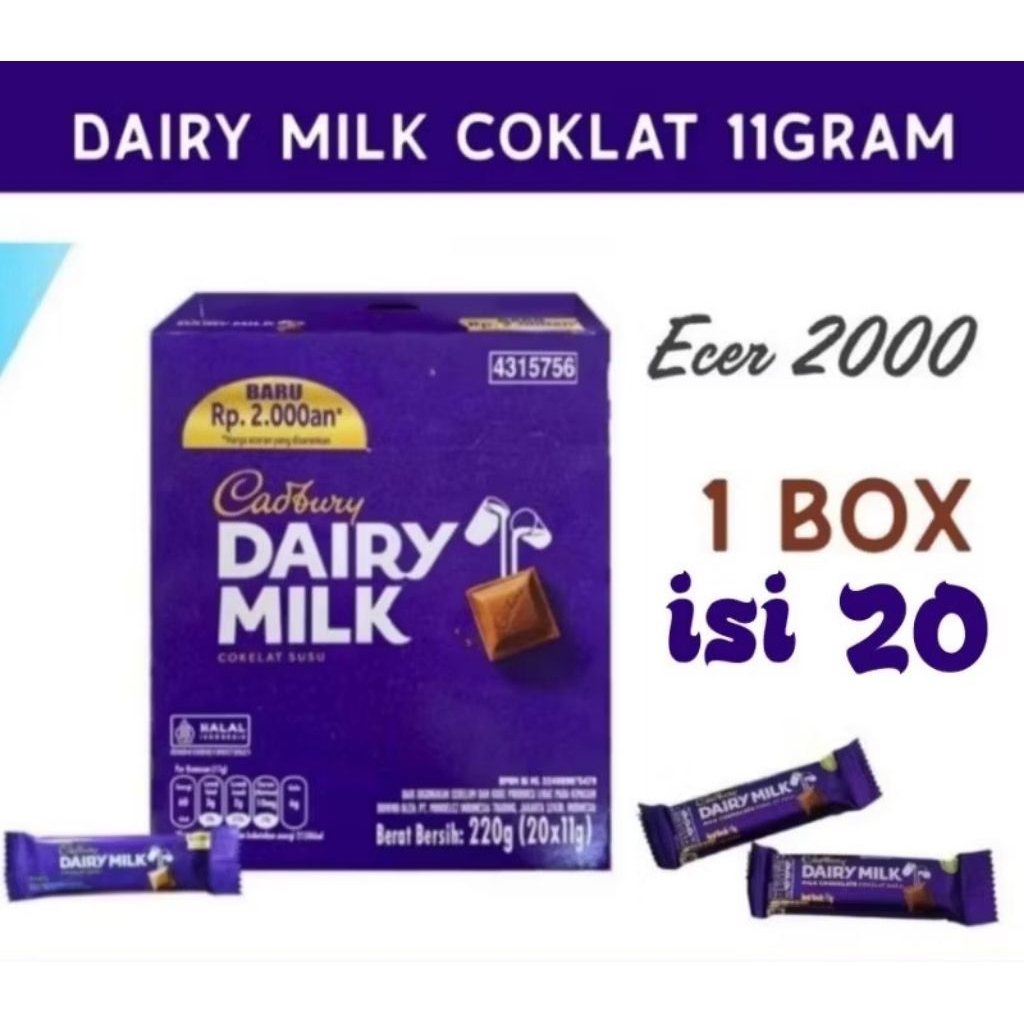Coklat cadbury dairy milk 2000 1 box isi 20 pcs