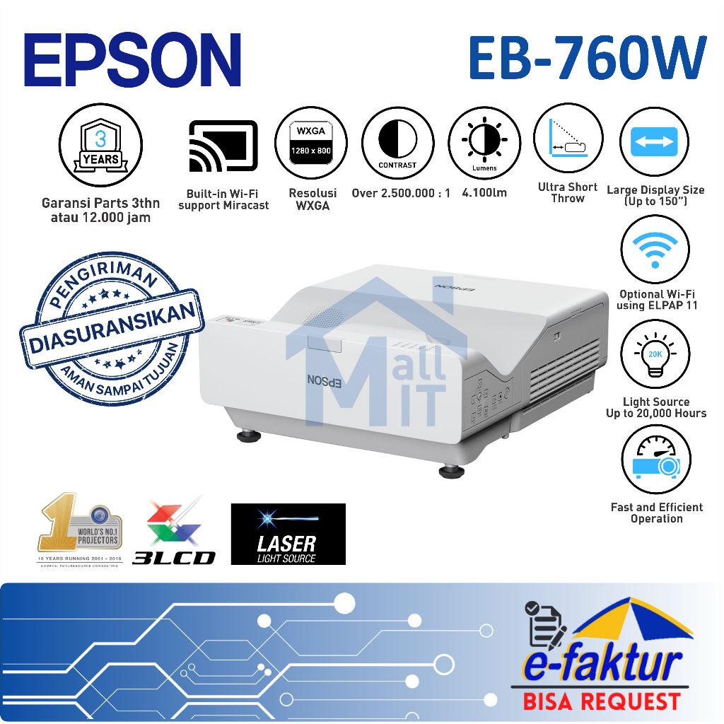 MALLIT EPSON Proyektor EPSON Laser EB-760W EB760W EB 760W WXGA Ultra Short Throw Pengganti EB 725W R