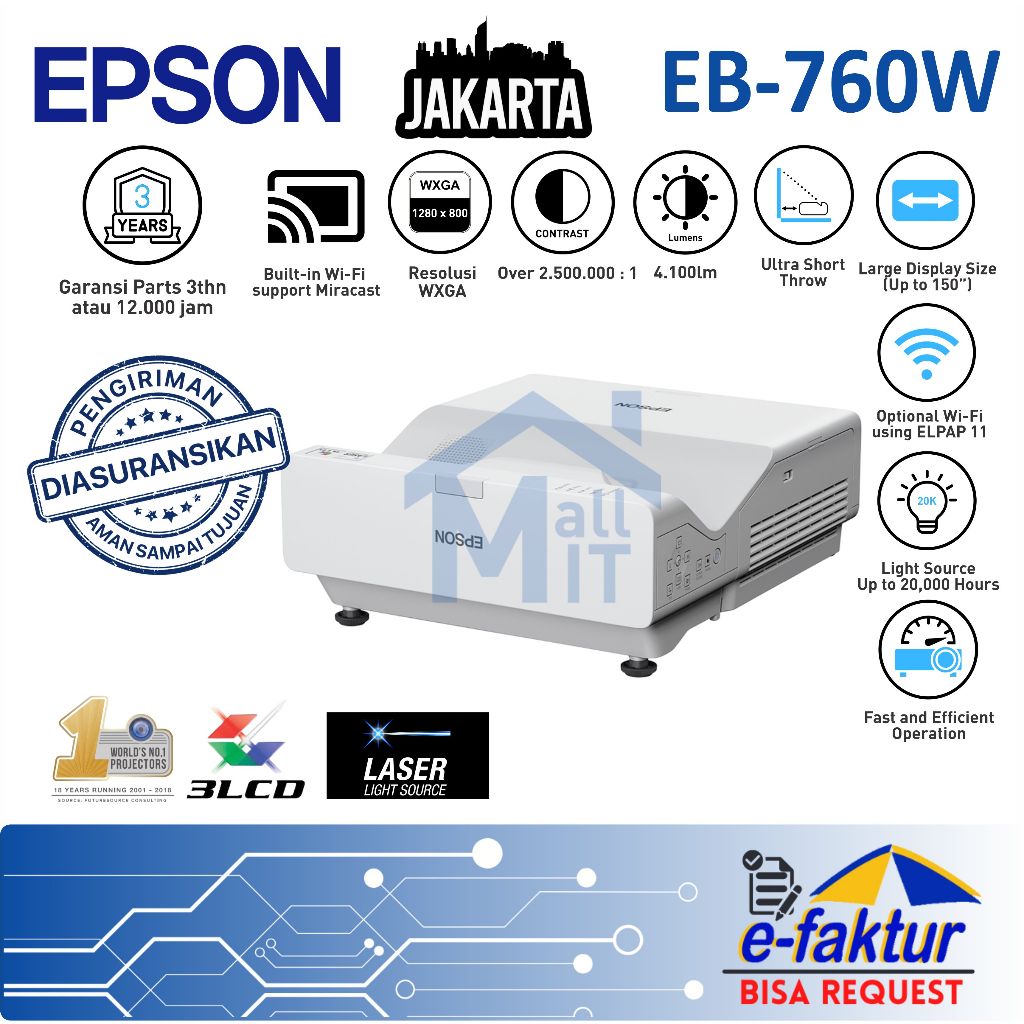 MALLIT EPSON Proyektor EPSON Laser EB-760W EB760W EB 760W WXGA Ultra Short Throw Pengganti EB 725W R