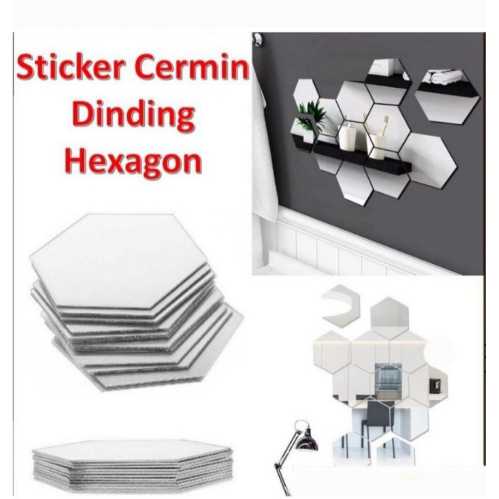 cermin hexagonal tempel/stiker cermin/cermin ruangan/cermin toilet