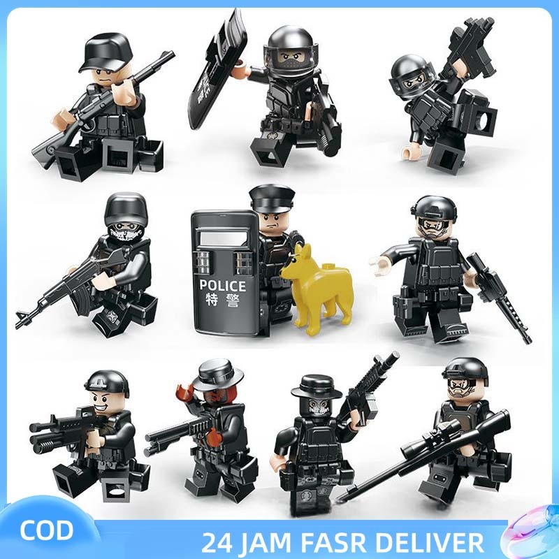 10Pcs Mainan Tentara Mini Set Mainan Polisi Military Swat Team Dengan Anjing Mainan Balok Mini Figur
