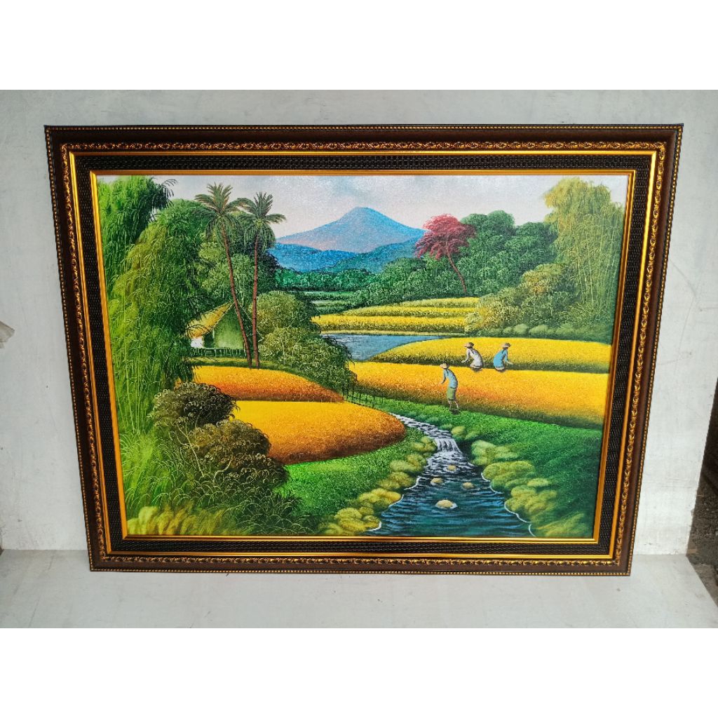 lukisan asli  pemandangan sawah panen