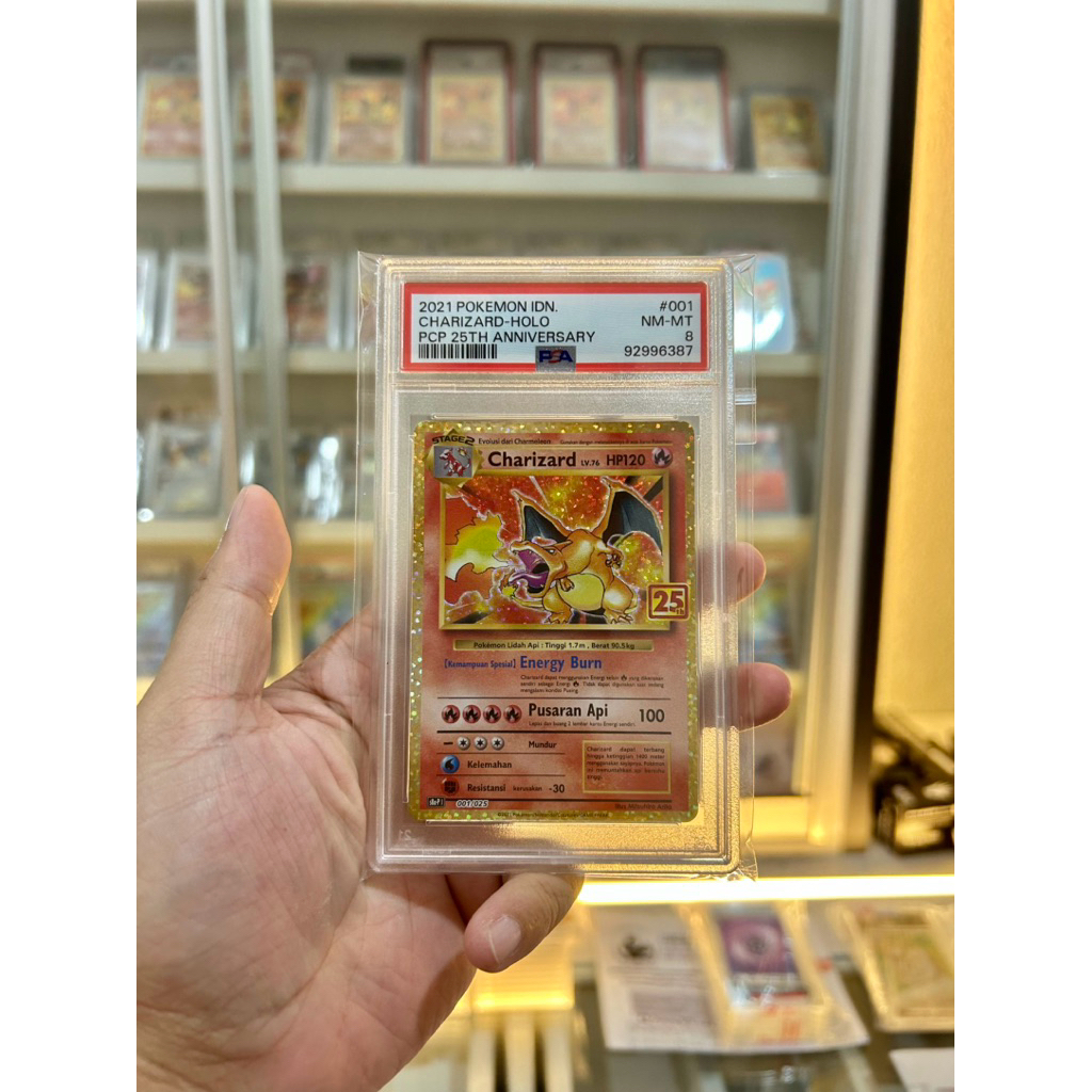 Charizard 25th anniversary PSA graded indonesian card grade 8 Nm kartu tcg card pokemon permainan