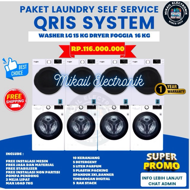 PAKET USAHA LAUNDRY SELF SERVICE QRIS PAYMENT MESIN CUCI 15 KG DRYER FOGGIA 16 KG