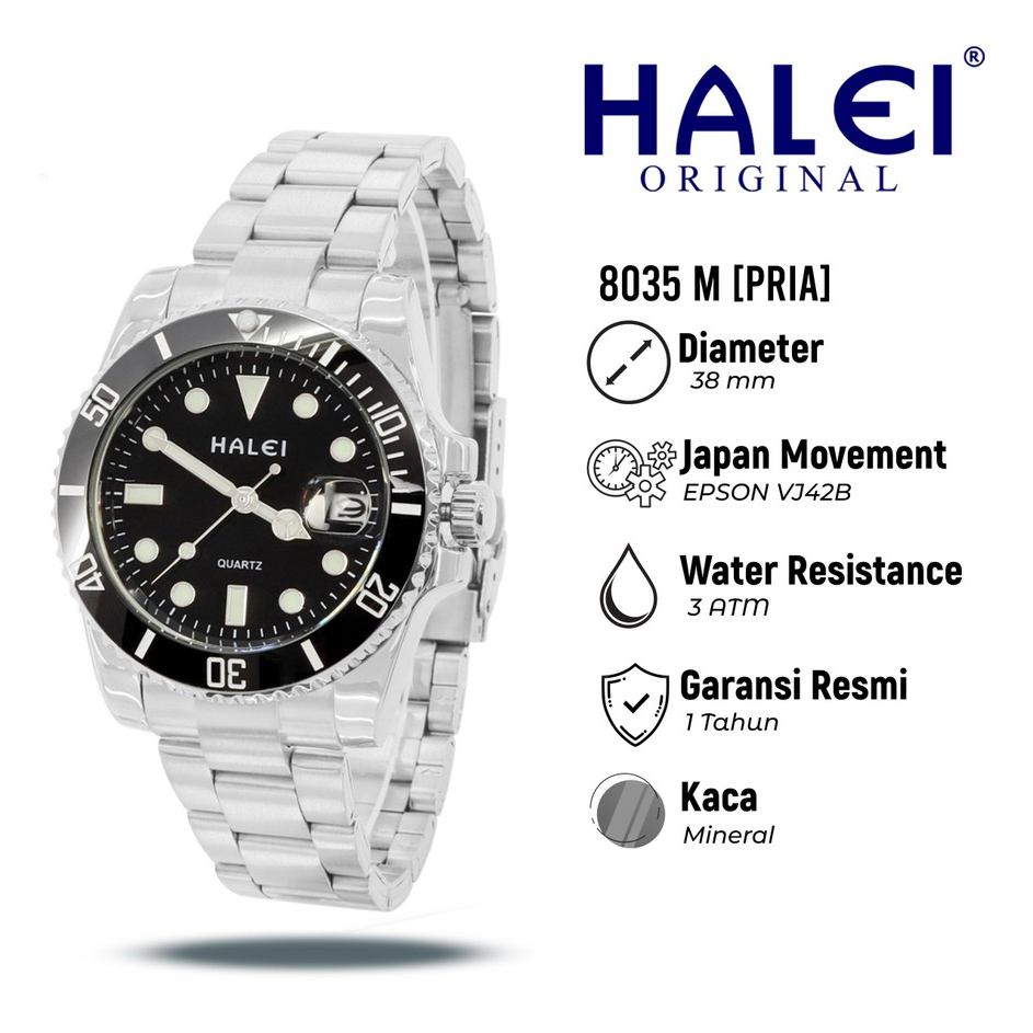 HALEI 8035M - Jam Tangan Branded Pria Rantai Stainless Mesin Seiko Anti Air Garansi Original