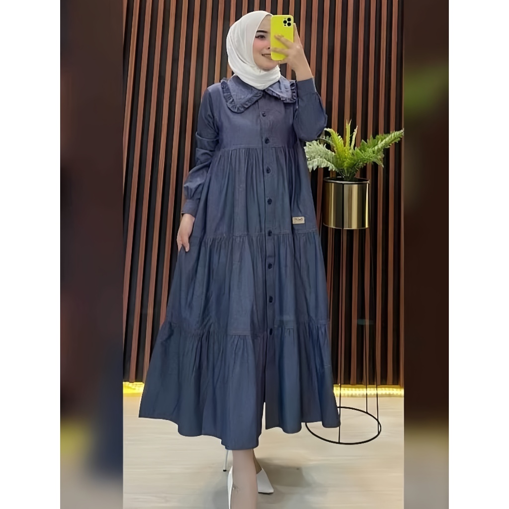 Midi Dress Wanita Gamis Jeans Wanita Premium Mix Kancing Terbaru 2025