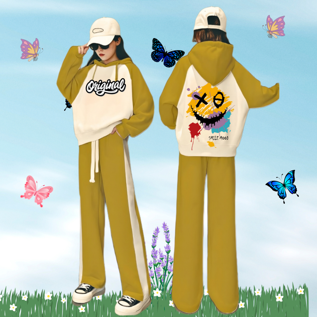 Setelan Anak Perempuan Umur 3-14 Tahun One Set Jaket Hoodie Anak Cewek Motif Smiley