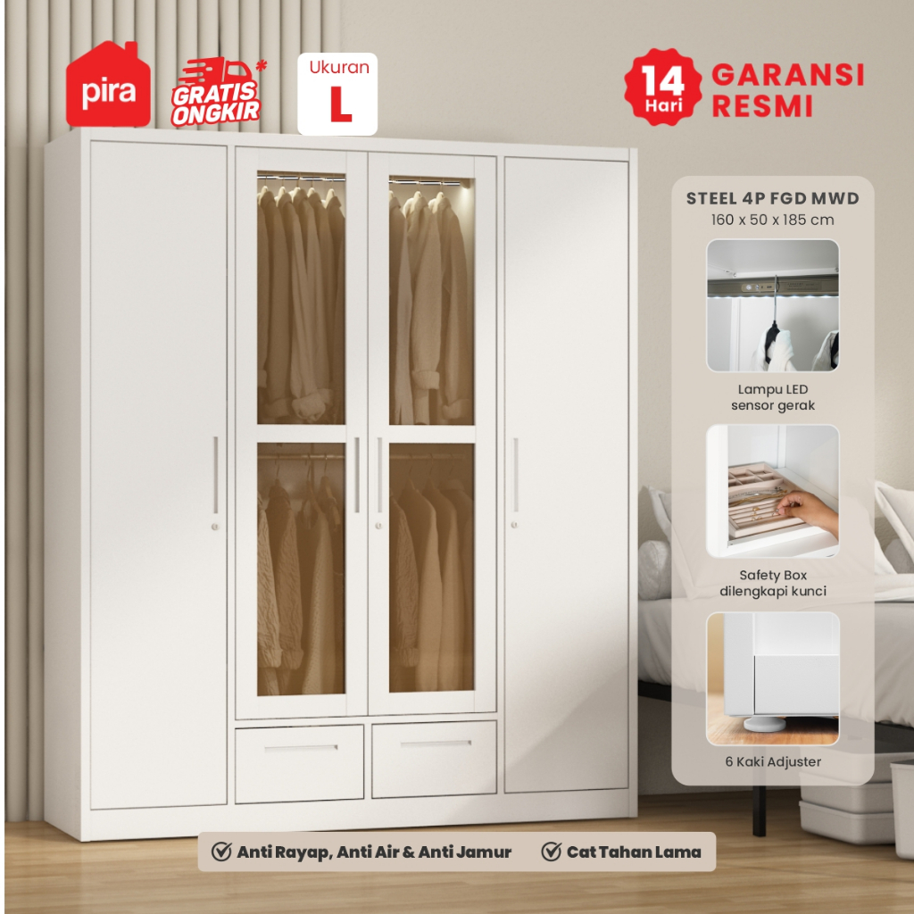 PIRA -  STEEL 4P FGD MWD Lemari Pakaian Besi 4 Pintu dengan Laci dan LED