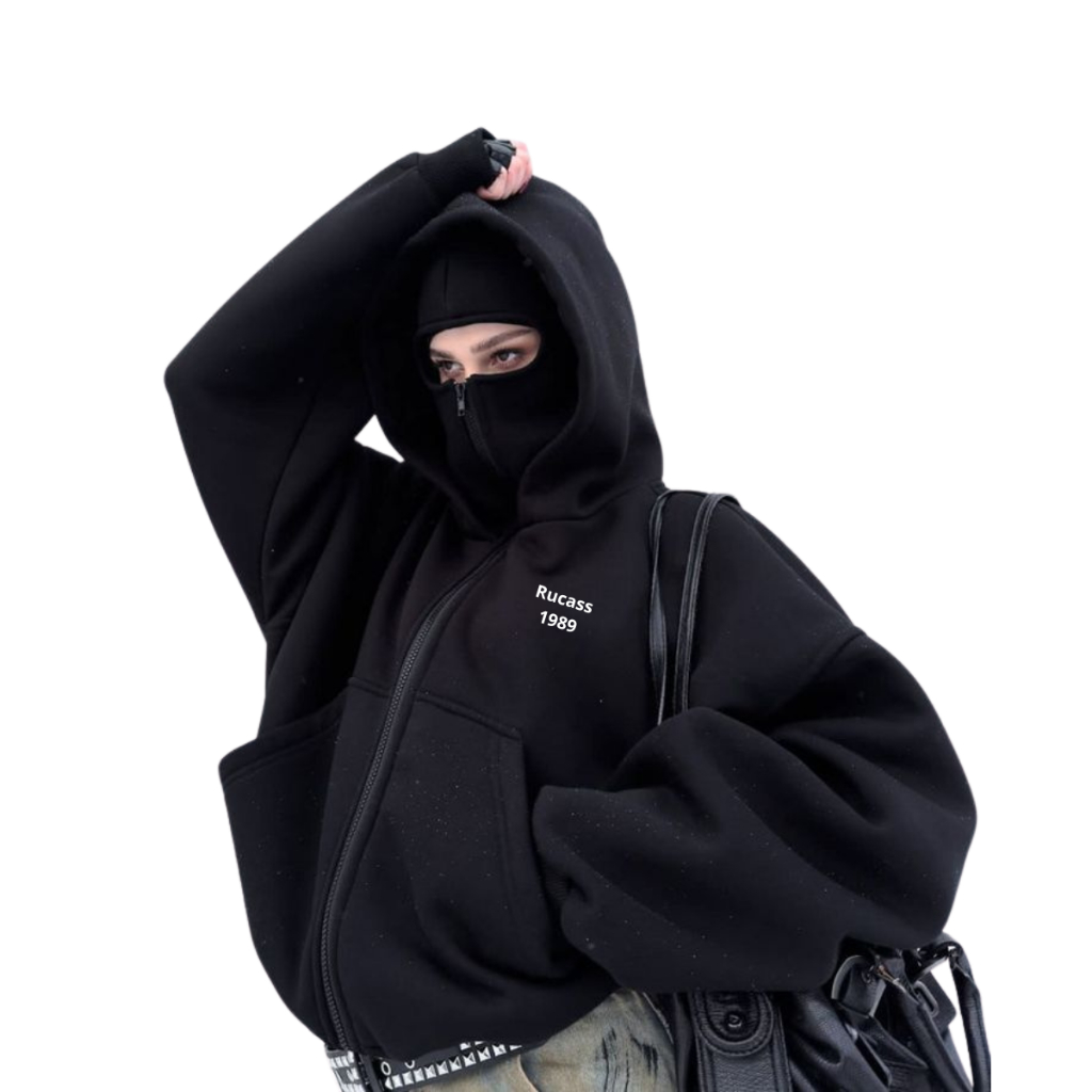 Hoodie Resleting Balaclava Pria Motif Terbaru Rukass Teks Putih | Jaket Hoodie Hitam Ninja Polos Cas