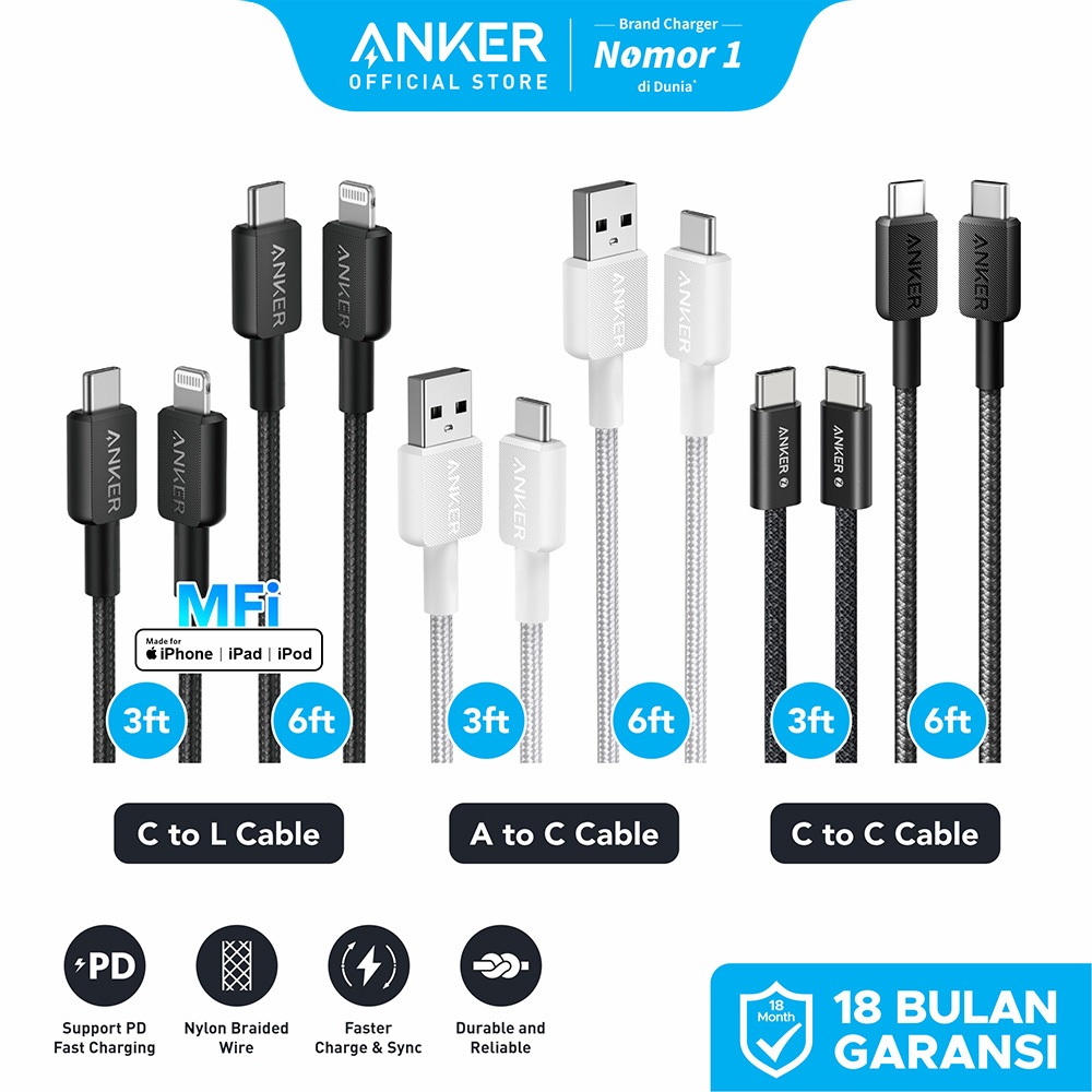 Anker Fast Charging Kabel Charger MFi iPhone X 11 12 13 14 15 16 PD Type C to C USB A and Lightning 