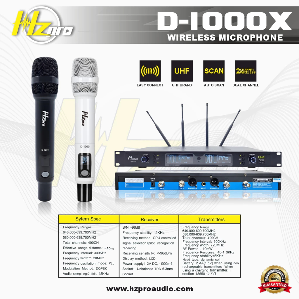 MIC WIRELESS HZ PRO D-1000X ORIGINAL - 2 HANDLE MIC 4 ANTENA